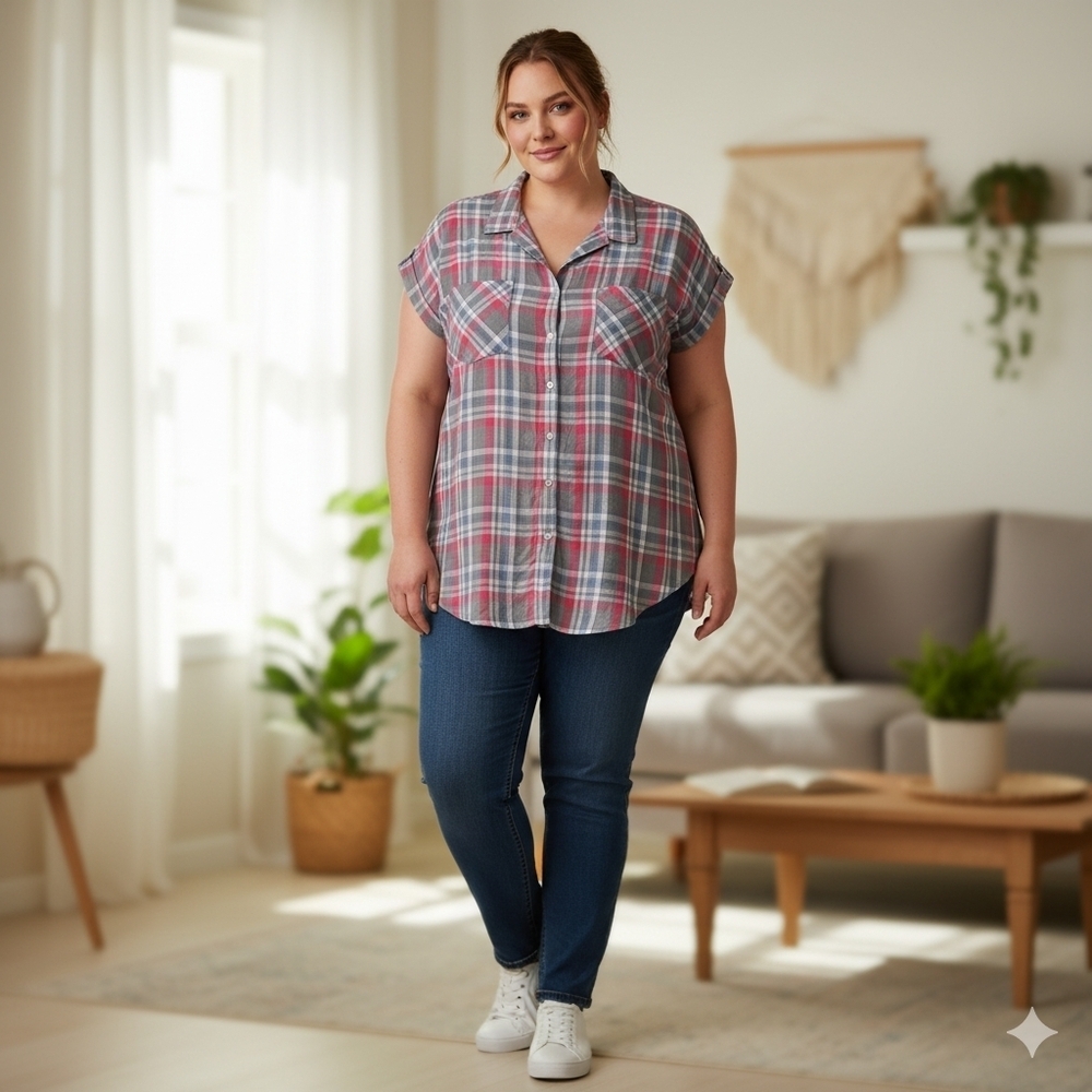 Jachs Girlfriend NWT Women's XXL Pink Gray Plaid Short Sleeve Button Down Shirt